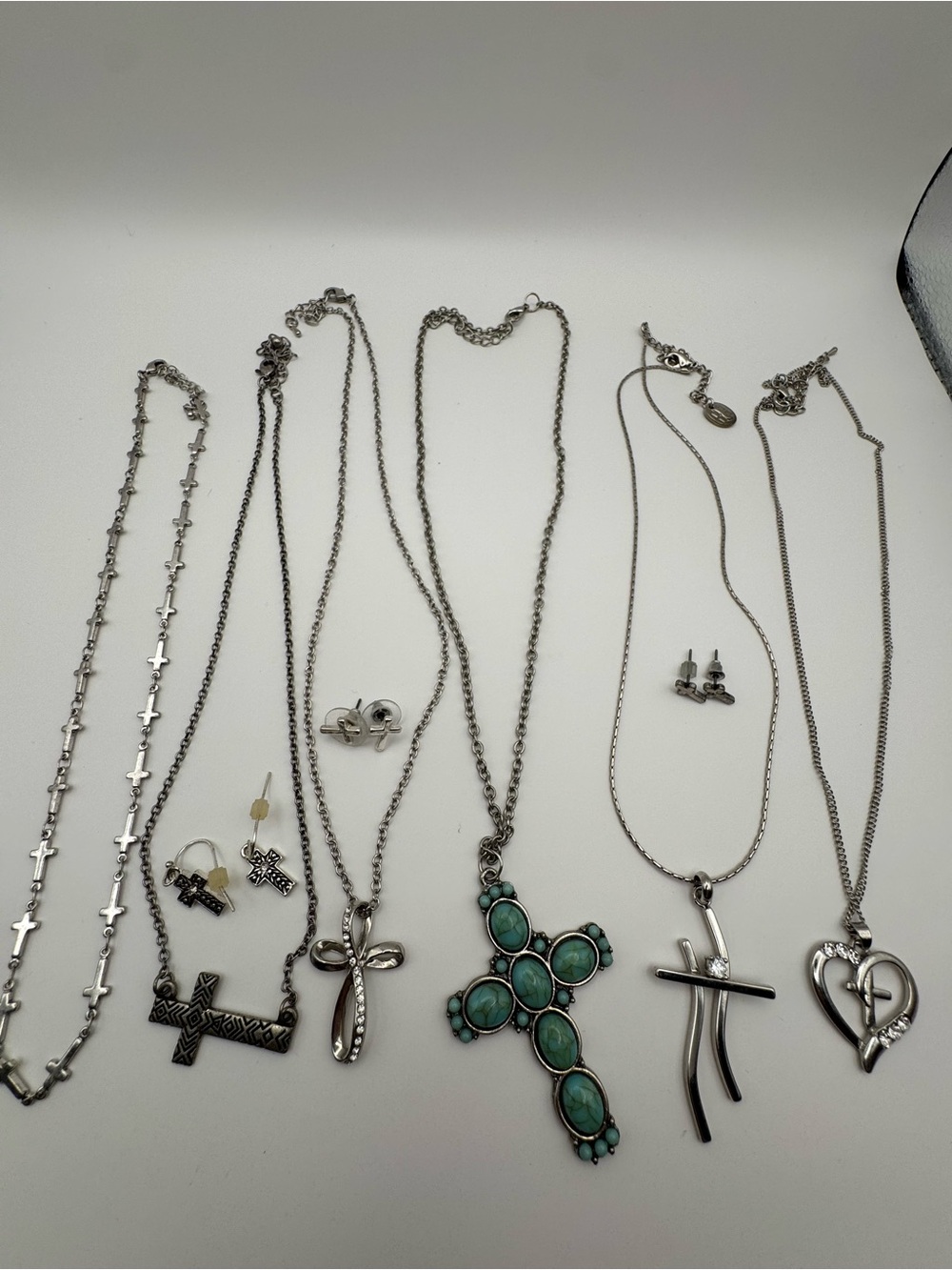 Vintage Cross Jewelry Lot 6 Necklaces 3 Earrings Silver Tone Rhinestone Faith